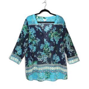 J.Jill‎ Sheer Tunic Top Swim Coverup EUC Sz XL Floral Cinch Back Waist V Neck